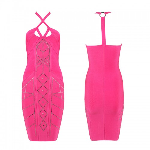 Pink Rivet Details Halter Bandage Dress